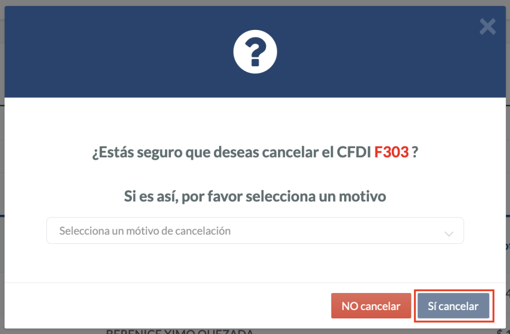 Vista de la opción 04 señalando la opción "Si cancelar"