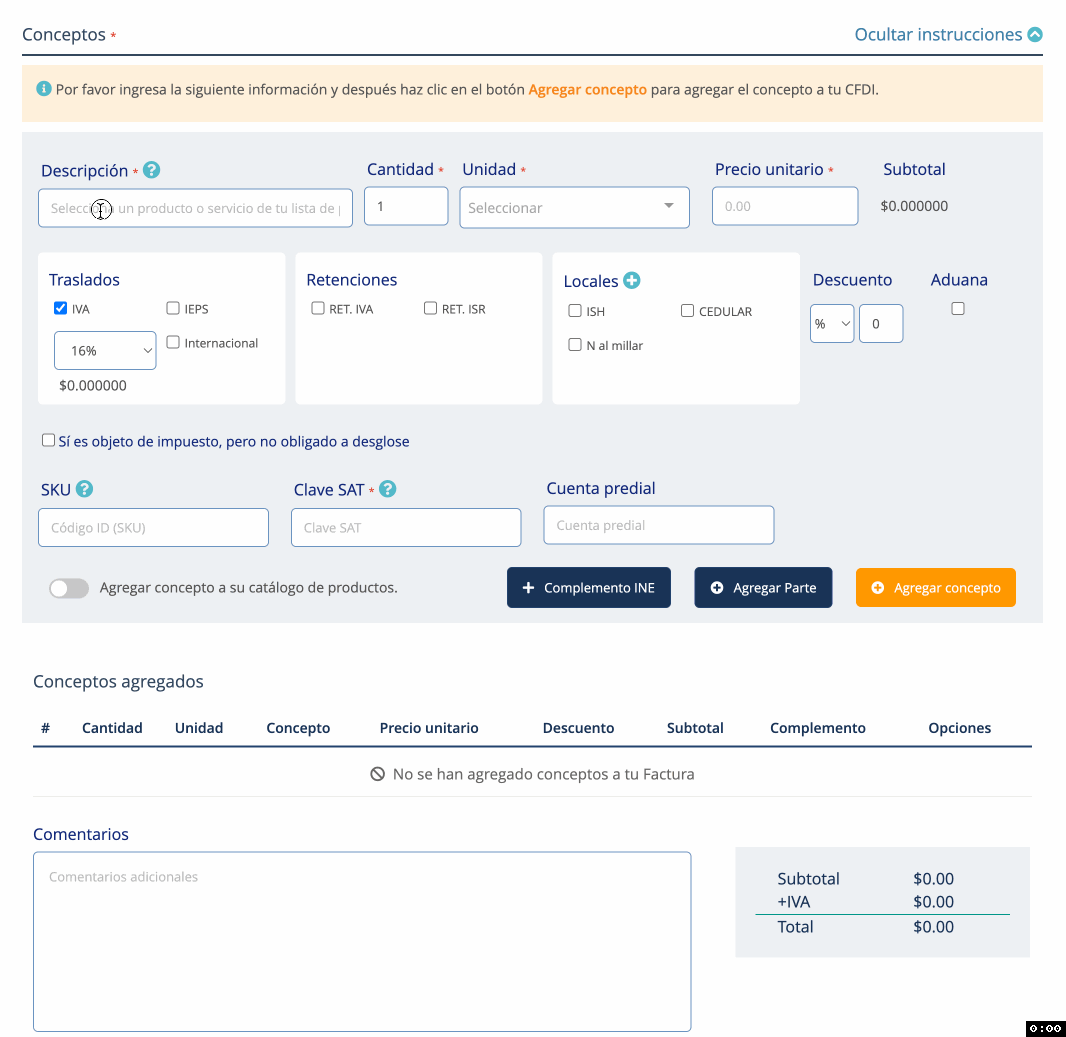 Imagen con movimiento para mostrar el proceso de agregar un producto o servicio al catálogo desde la creación del CFDI